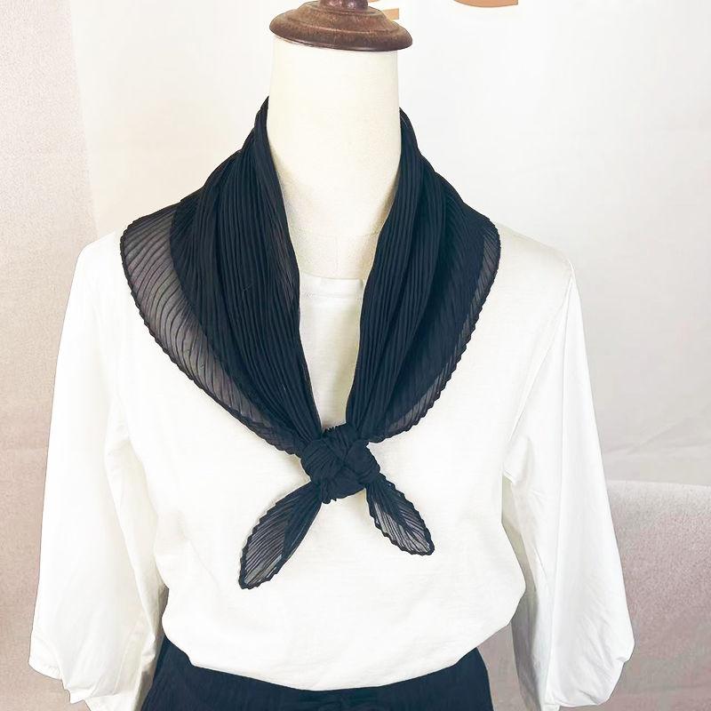 Women's Pleated Solid Color Small Square Scarf | Purple Neck-Protecting Silk Scarf Professional Spring-Autumn Scarf Decorative Neck Wrap for Ladies