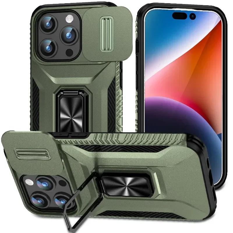 Military-grade Anti-fall and Anti-slip Camera Lens Slide Out Phone Case For iPhone 16 15 14 13 12 Pro Max Hardware Rotary Stand