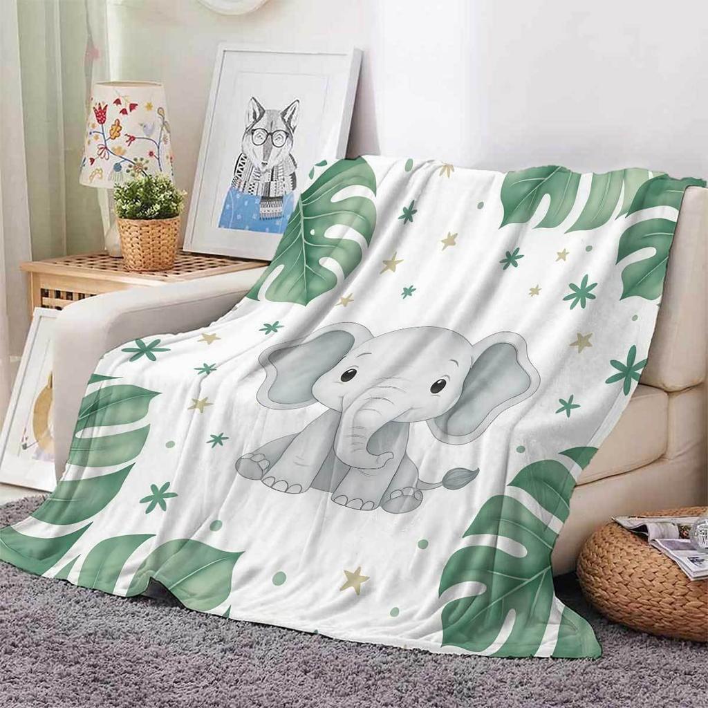 Cute Elephant and Monstera Leaf Blanket Soft Flannel Design Green White Theme Perfect for Baby Nursery Decor130x150