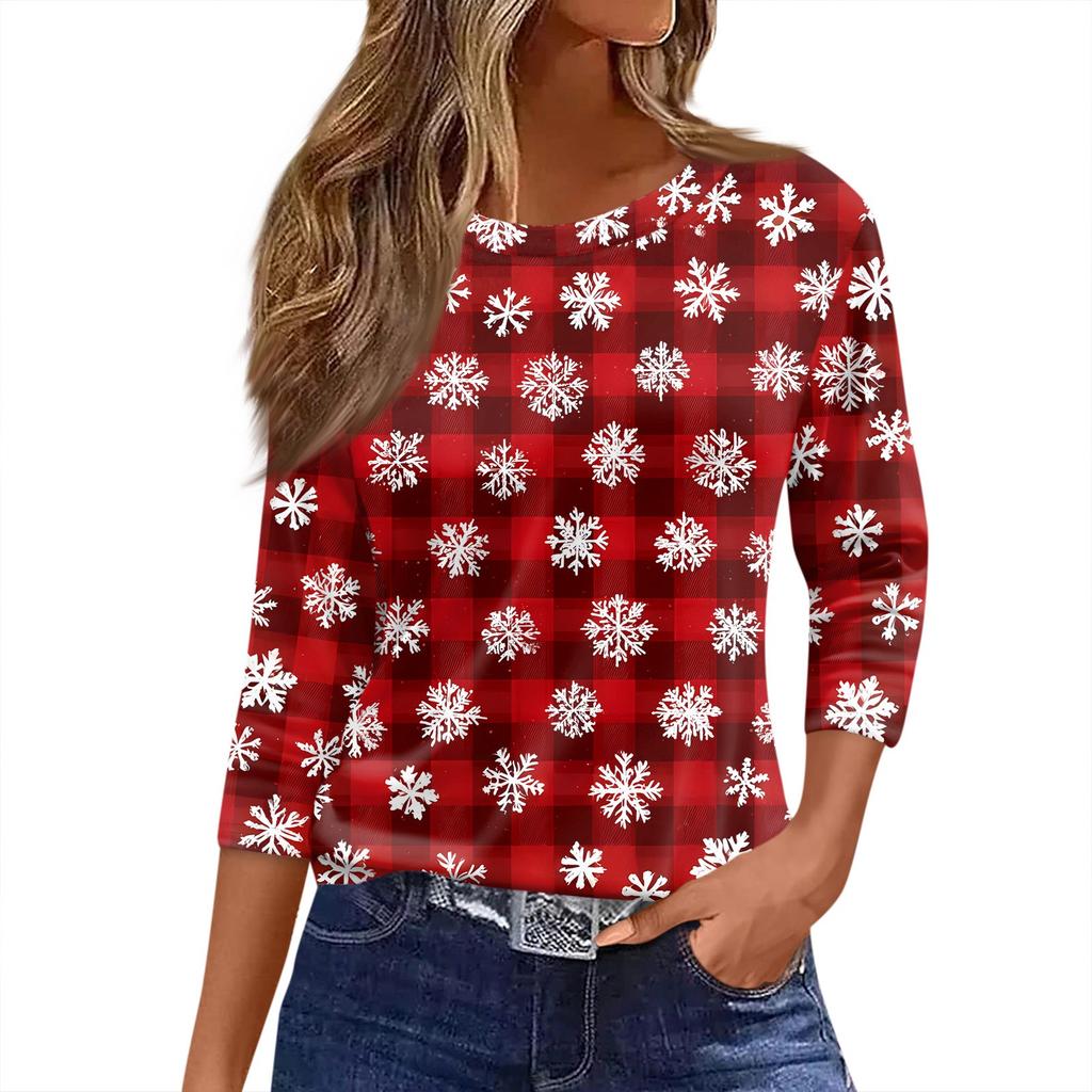 Damen T-Shirt mit Weihnachtsdruck, 3/4-Ärmel, für den Alltag, Wochenendmode, Basic, Rundhalsausschnitt, normales Oberteil