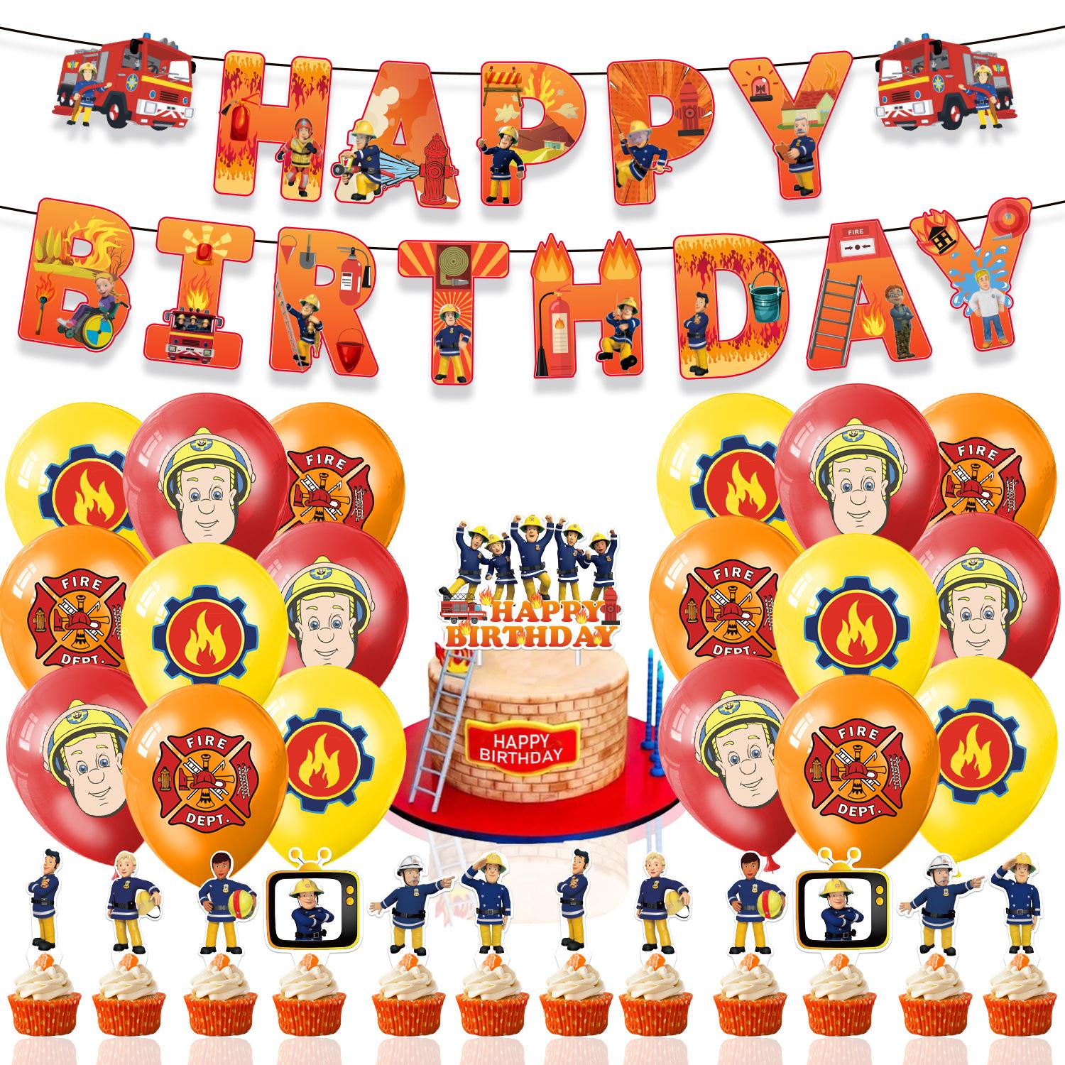 

Fireman Sam Birthday Party Set – 32Pcs Flag, Cake Topper & Balloons for Kids