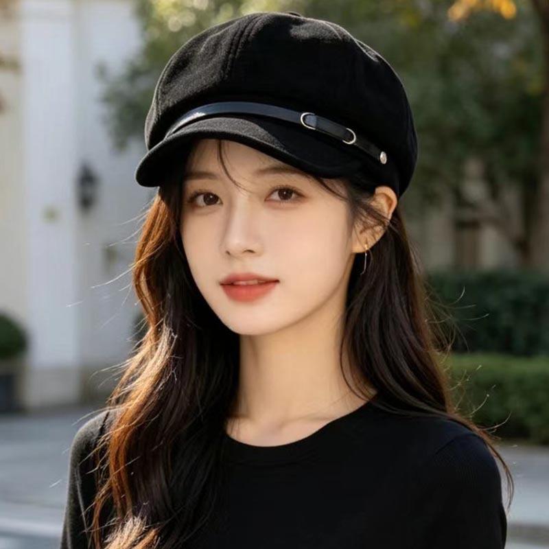 Autumn and winter retro octagonal newsboy hat female British temperament belt buckle short brim beret showing face small painter cap