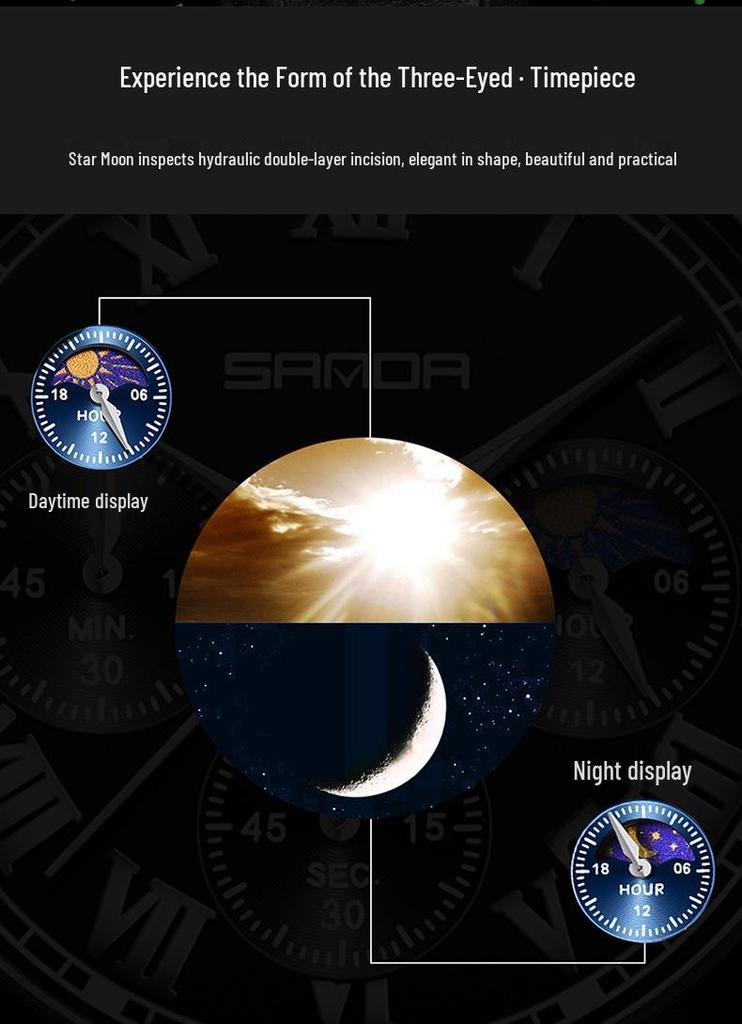 SANDA Men's Luminous Quartz Watch with Moon Phase, Calendar, and Leather Strap - Waterproof Business Casual Design.