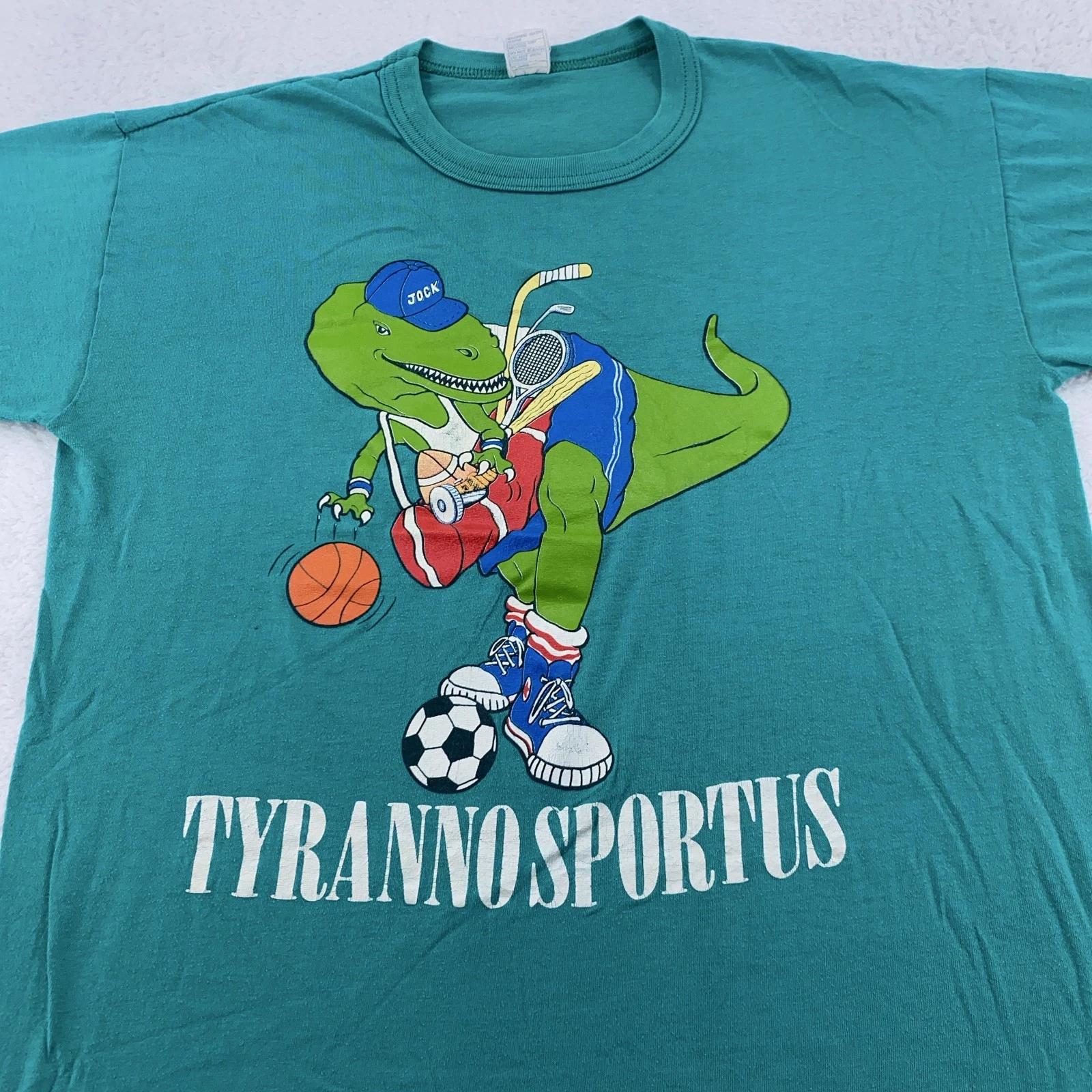 

Vintage Tyranno Sportus Shirt Mens S/M Teal Dinosaur Sports Graphic Tee 90s 2XL