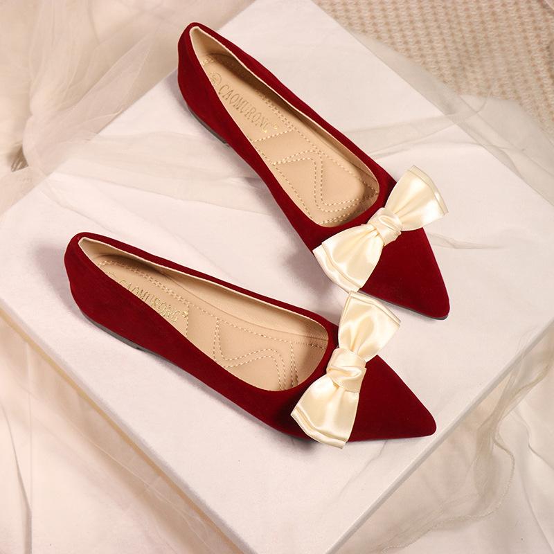 Fashion elegant ladies bowknot silk wedding shoes woman suede leather ballet flats pointy slip on loafers women bow moccasins big size43