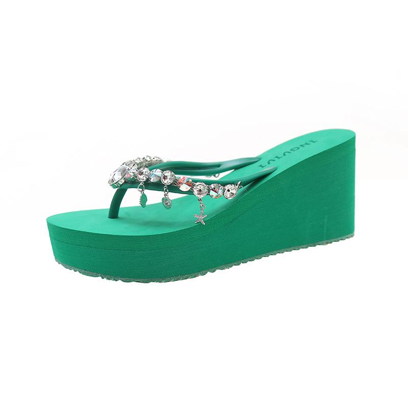 

2026 Summer New High-heeled Flip Flops Women s Rhinestone Chain Pendant Thick Bottom Fashionable Clip on Sandals Beach Slippers 40 зелений
