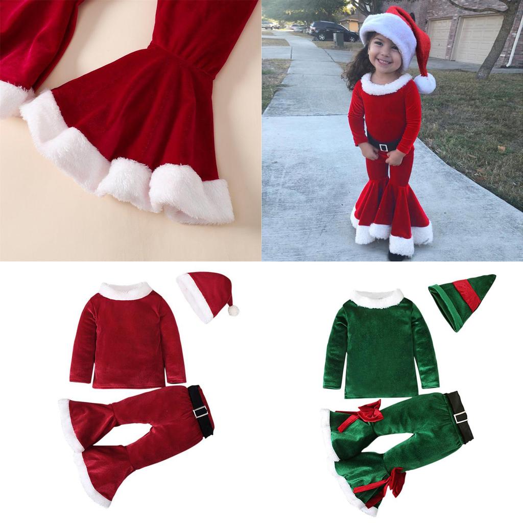 Festive Christmas Kids Girls Plush Flared Pants Suit With Santa Hat Tree Hat