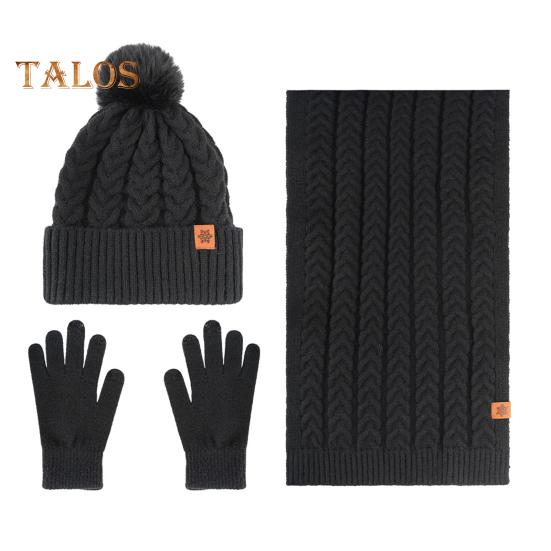 

3 шт./компл. женский зимний теплый комплект плюшевая вязаная шапка бини однотонный шарф с текстурой кручения флисовая подкладка перчатки комплект термоподкладка шапка комплект чёрный