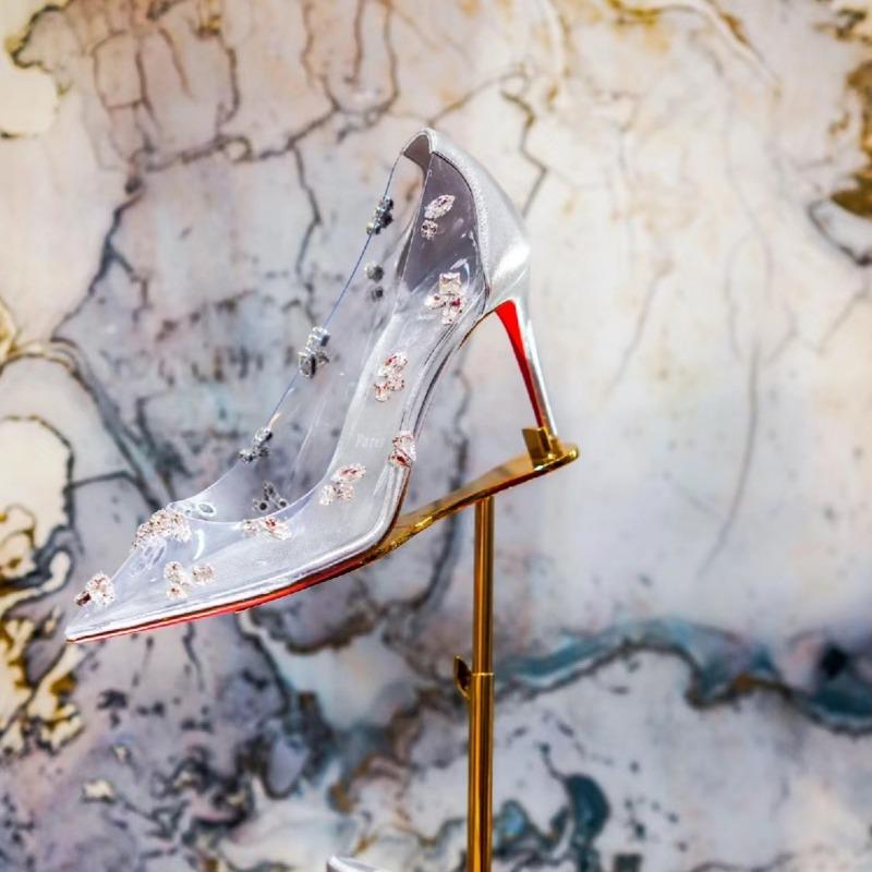

Новые летние остроносые прозрачные остроносые туфли на высоком каблуке со стразами Ян Ми красная подошва одинарные туфли 39