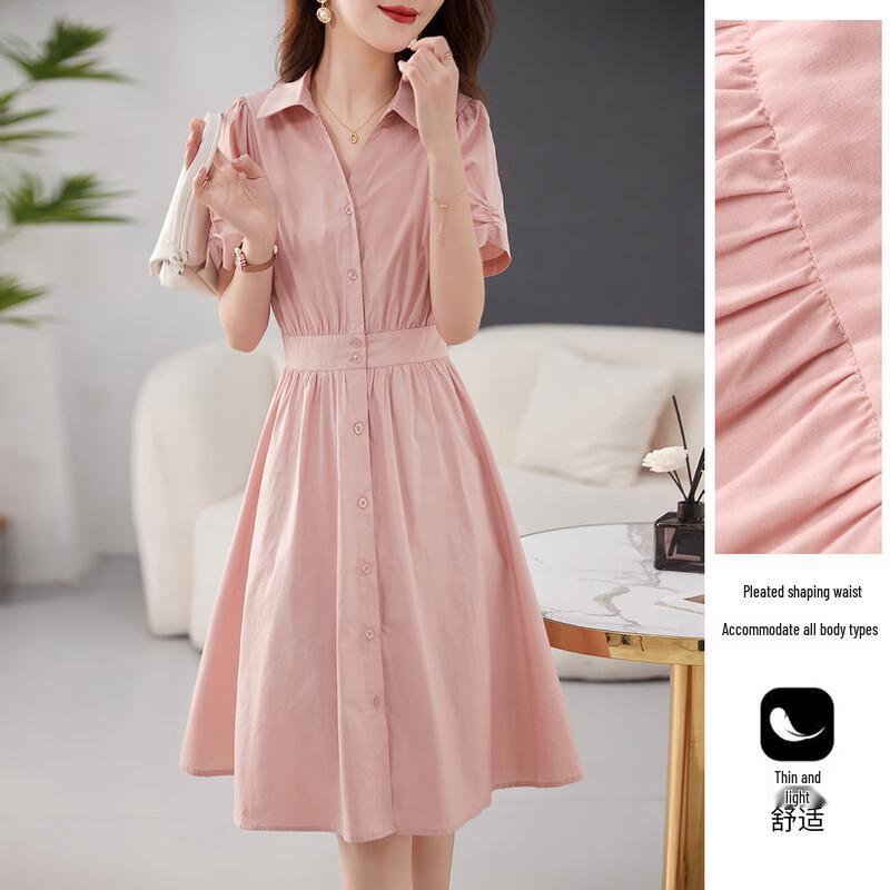 

Shangjing Women s Summer Puff Sleeve Pleated Midi Shirt Dress L
