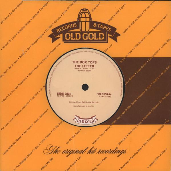 7inch Record BOX TOPS - The Letter / Cry Like A Baby OG9116 Old Gold UK Rock Used