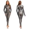 Womens Metallic Shiny Full Body Unitard Long Sleeve Long Pants Back Zipper Catsuit Bodysuit Leggings Tights Sheer Jumpsuit Clubwear Nightwear