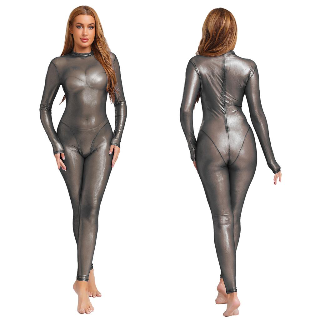 Womens Metallic Shiny Full Body Unitard Long Sleeve Long Pants Back Zipper Catsuit Bodysuit Leggings Tights Sheer Jumpsuit Clubwear Nightwear