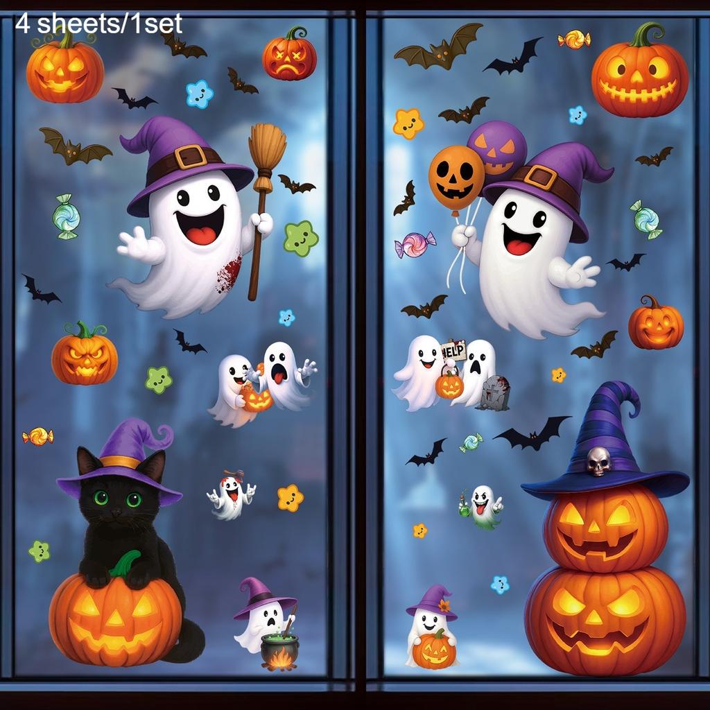 Halloween pumpkin glass stickers, exquisite holiday party decoration arrangement candy pumpkin lantern black cat window stickers