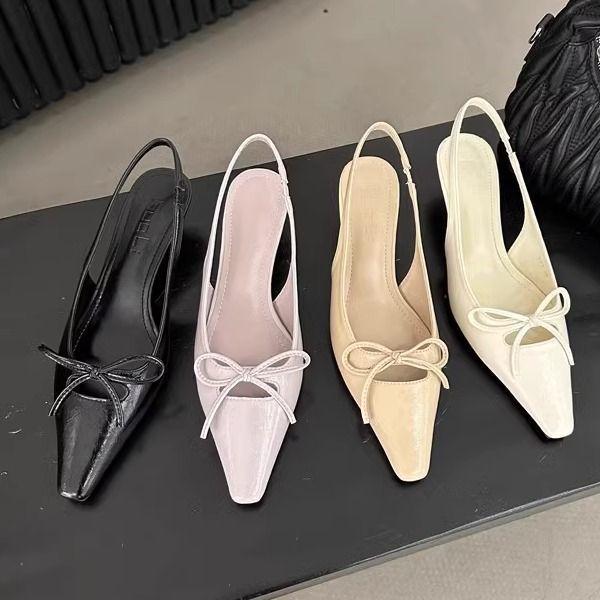 

Туфли-лодочки с острым носком, женские туфли, нежные босоножки в стиле феи с бантом на тонком каблуке среднего размера 39 телесный
