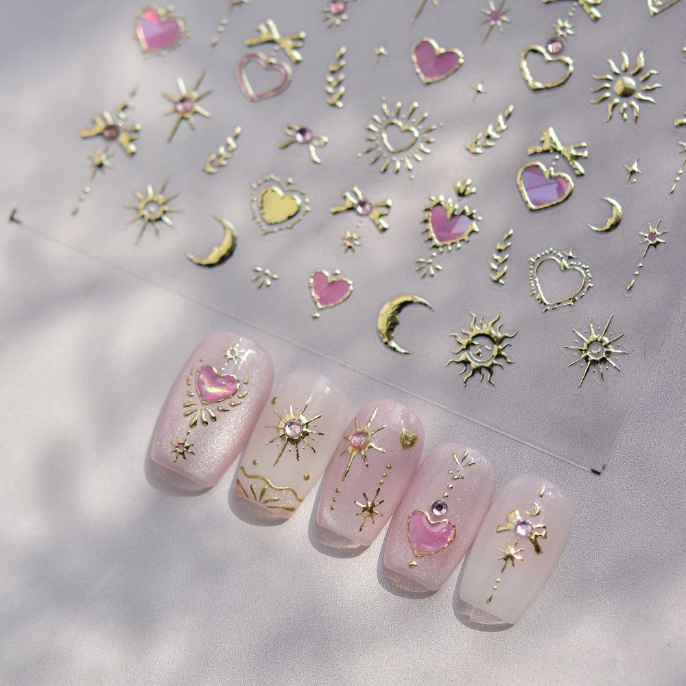 Crystal Nail Sticker Embossed Rhinestone Self-Adhesive Pink Heart Butterfly Star and Moon Design Festival Gift Supplies