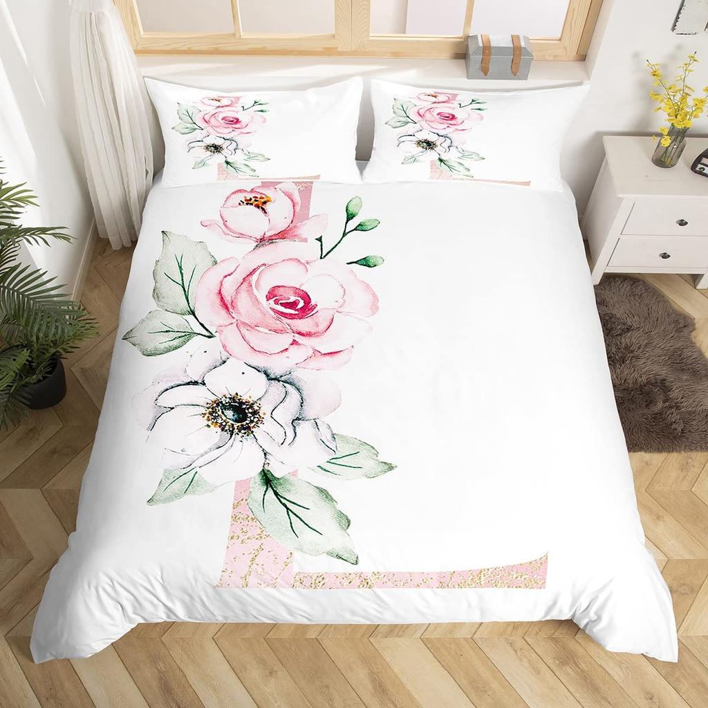 Vintage Flower King Full Queen Duvet Cover Retro Pink Floral Comforter Cover Rose Green Leaves Bedding Set Polyester Quilt Cover