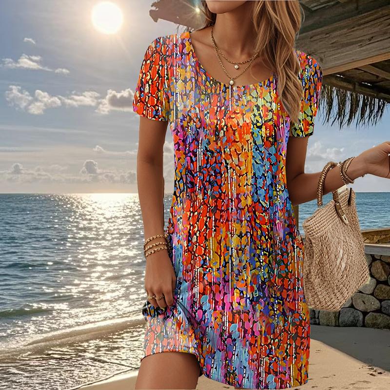 Women's Fashion Graceful Retro Flower Print Summer Spring Short Sleeve O-Neck Casual Dresses