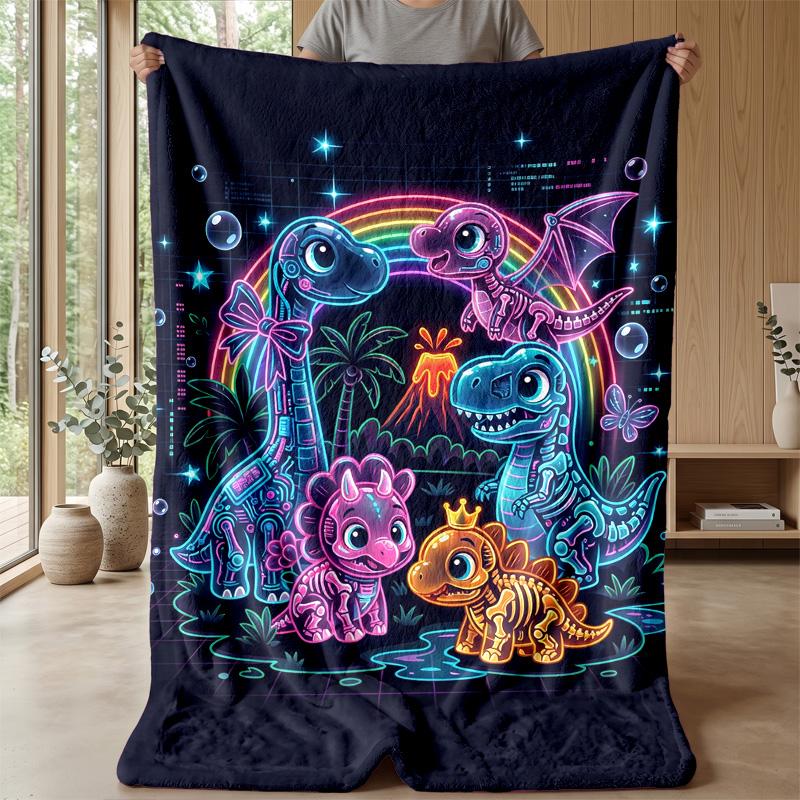 Neon Dino Skateboard Adventure Theme Blanket Lightweight Warm Flannel Blanket Decorative Throw Blanket for Home Decoration