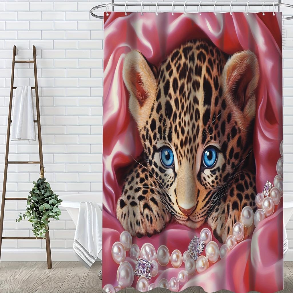 4Pcs An Exotic Leopard Shower Curtain Set with Non-Slip Bath Mat, Toilet Lid Cover, Contour Rug & 12 Hooks, Bathroom Decor
