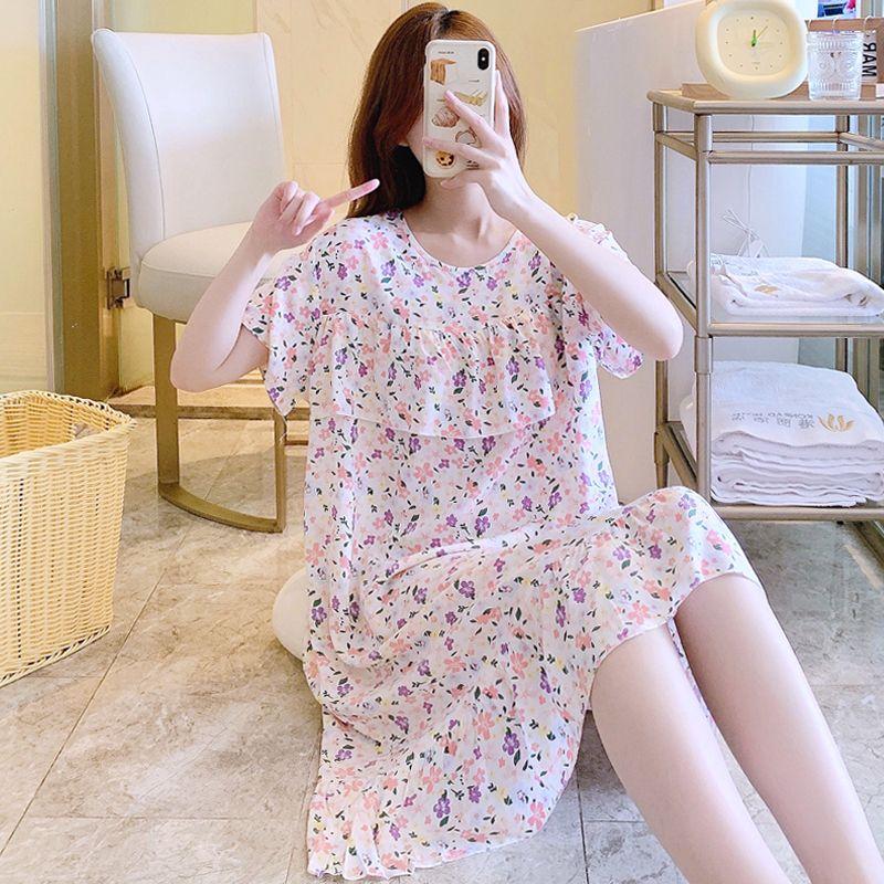Sleeping Dress for Women In Summer Thin Cotton Silk Short Sleeved Without Chest Pad Home Clothing Knee Length for Outdoor Wear Dress