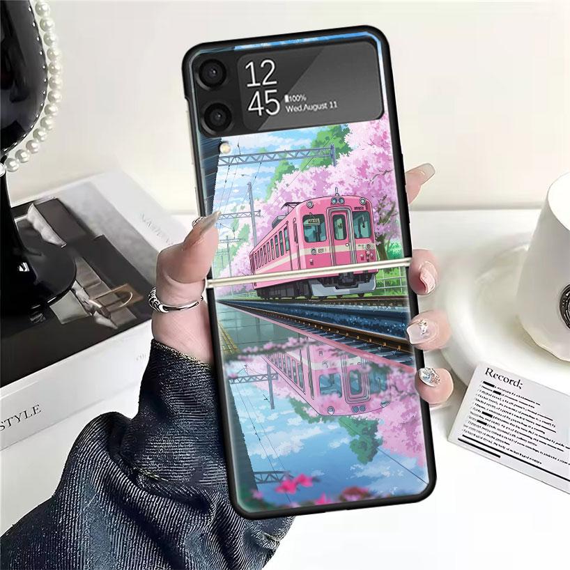 Retro Japanese Sakura Train Cases For Samsung Galaxy Z Flip 4 5 6 7 3 Z Flip7 Flip6 Flip4 Flip5 Flip3 5G Hard Shockproof Fundas