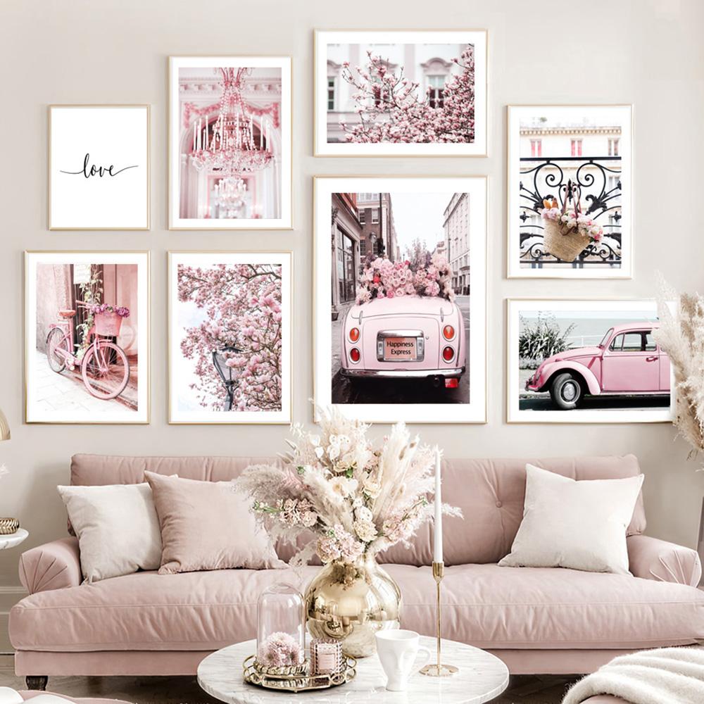Città moderna Scenario rosa Pittura su tela Wall Art Poster e stampe Fiore di Begonia Retro Car Bike Immagini per la decorazione del soggiorno
