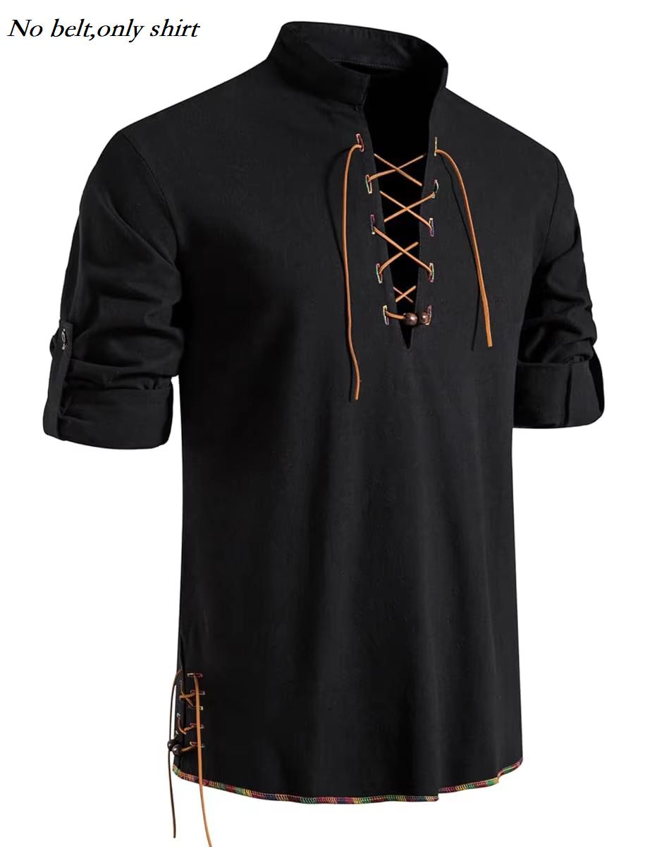 Runcati Heren Middeleeuws Piratenhemd Katoen Retro Vetersluiting Renaissance Overhemden Viking Lange Mouw Halloween Kostuum Tops XL black