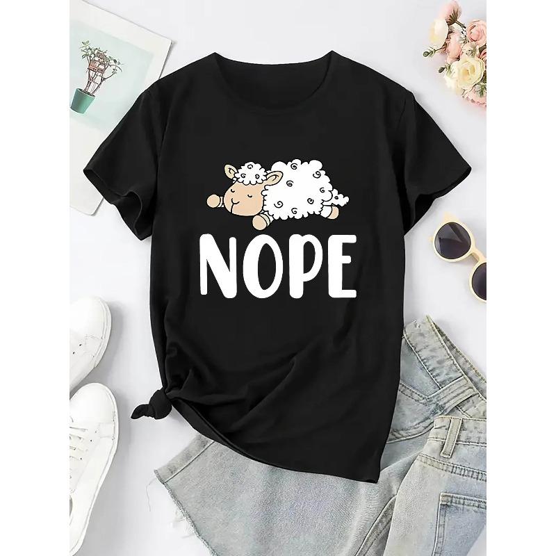 European Size Women's Sheep Print Casual T-Shirt - Soft Stretch Round Neck Short Sleeve Blouse Sheepwear Top, Machine Washable Summer