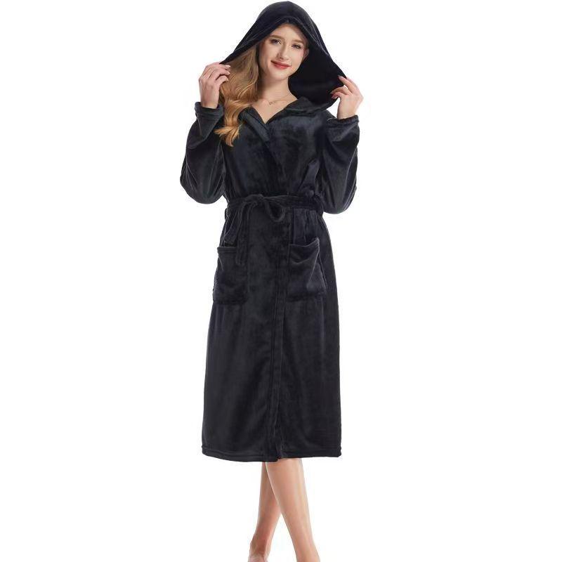 Damen Flanell Morgenmantel in mittlerer Länge: Plüschiger Samt Dicker Korallenfleece Yukata für Herbst und Winter.