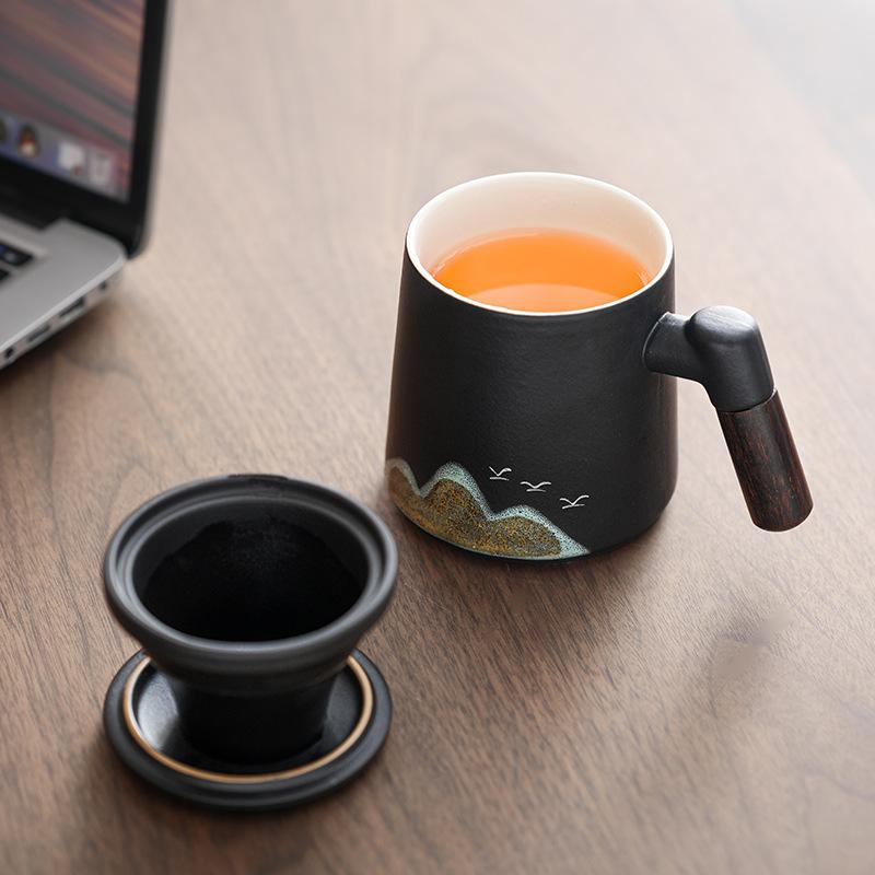 Company business retro coarse pottery Qingshan flying bird teacup set ceramic office cup annual meeting gift practical souvenir