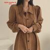 Korean Chic French Retro Corduroy Lapel Tie-Waist Long Dress for Women