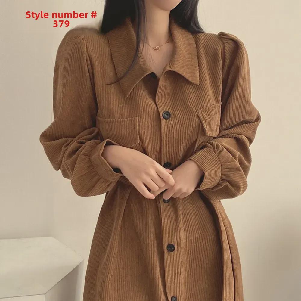Korean Chic French Retro Corduroy Lapel Tie-Waist Long Dress for Women