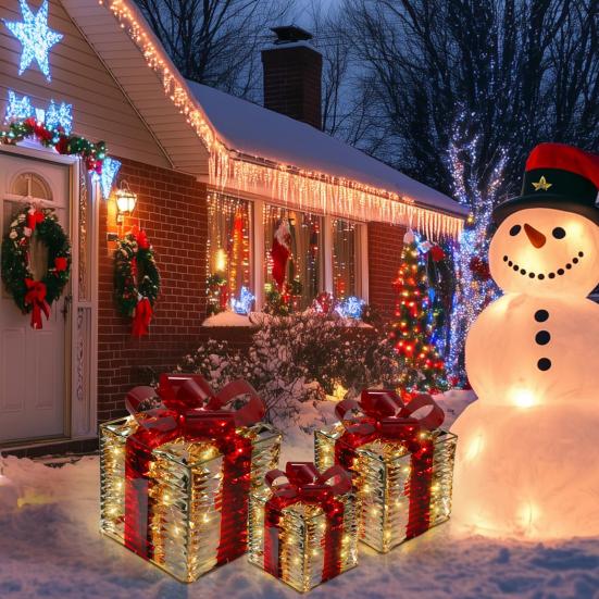 3 Pcs Christmas Lighted Gift Boxes Pre Lit Present Boxes with Bow And LED Light for Indoor Home Party Lawn Decor