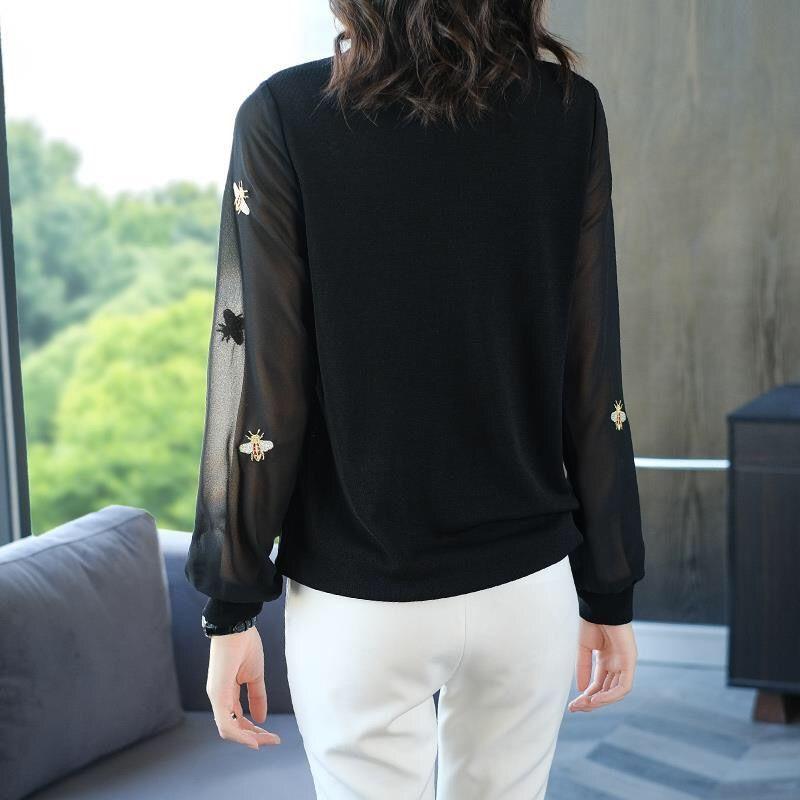 Korean Elegant Fashion V-neck Long Sleeve Gauze Loose T-shirts Black Patchwork Solid Color Casual Spring Autumn Women's Clothing