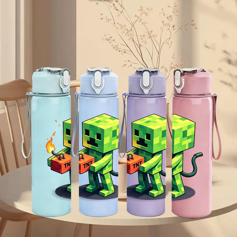 1PC Green Creeper Block Game Character Print 750ml Color Plastic Sports Water Bottle Leakproof Flip Straw Lid Suitable for Sports Office Home Use