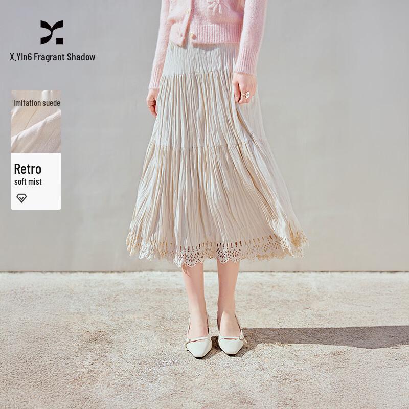 Suede Patchwork A-Line Pleated Midi Skirt M