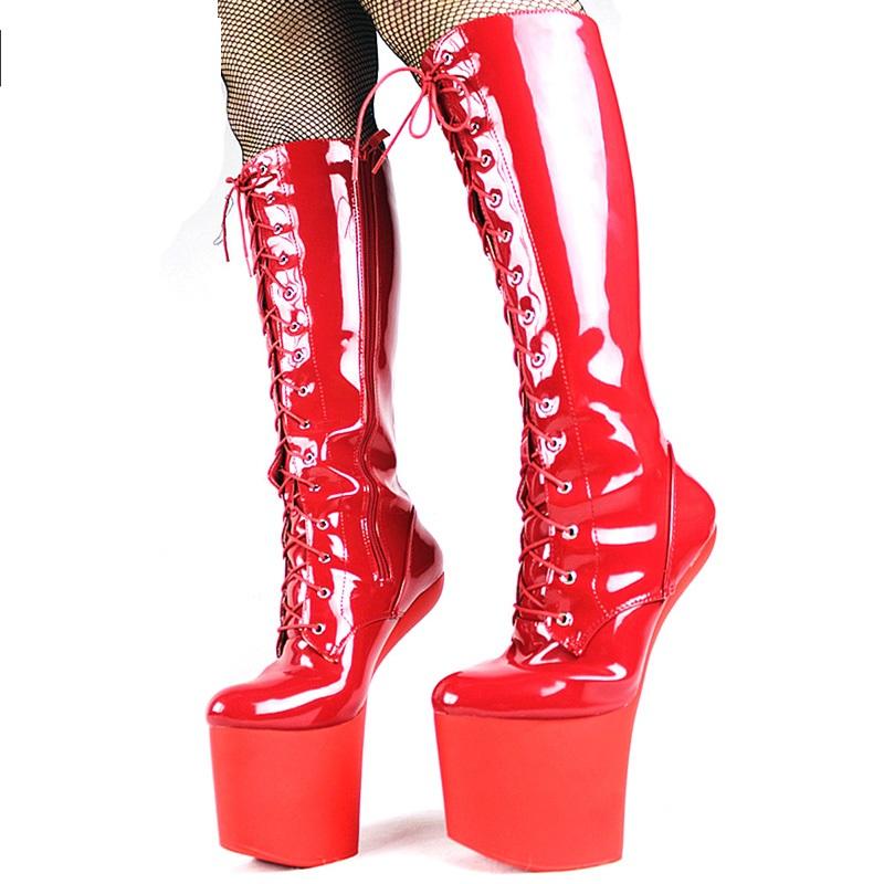 Módní FHC 20cm Kopytní Podpatek Bez Podpatku Kozačky po Kolena, Dámské Fetiš Boty na Pole Dance, Pánské Cosplay Botas, Přední Šněrování, Růžová, Zlatá, Červená, Vlastní Barvy