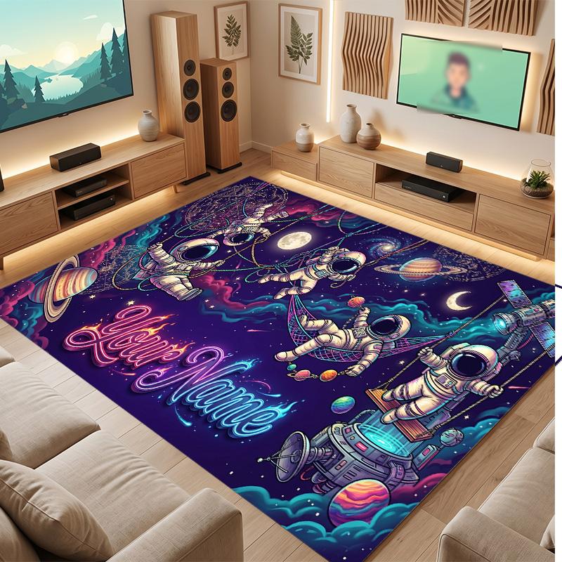 Astronaut Space Theme Soft Crystal Velvet Rug Custom Name & Text Print Non Slip Floor Rug for Bedroom Living Room
