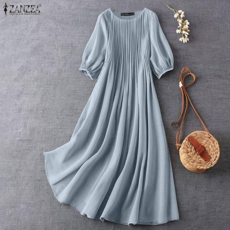 ZANZEA Women Casual Round Neck Summer 3/4 Sleeve Loose Dress