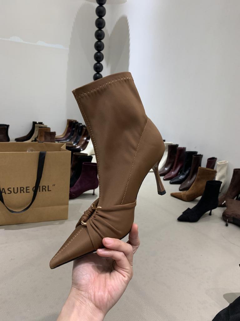 2025 Autumn and Winter New Simple Retro Satin Pointed High-heeled Short Boots Women's Thin-heeled Elastic Boots Thin Boots