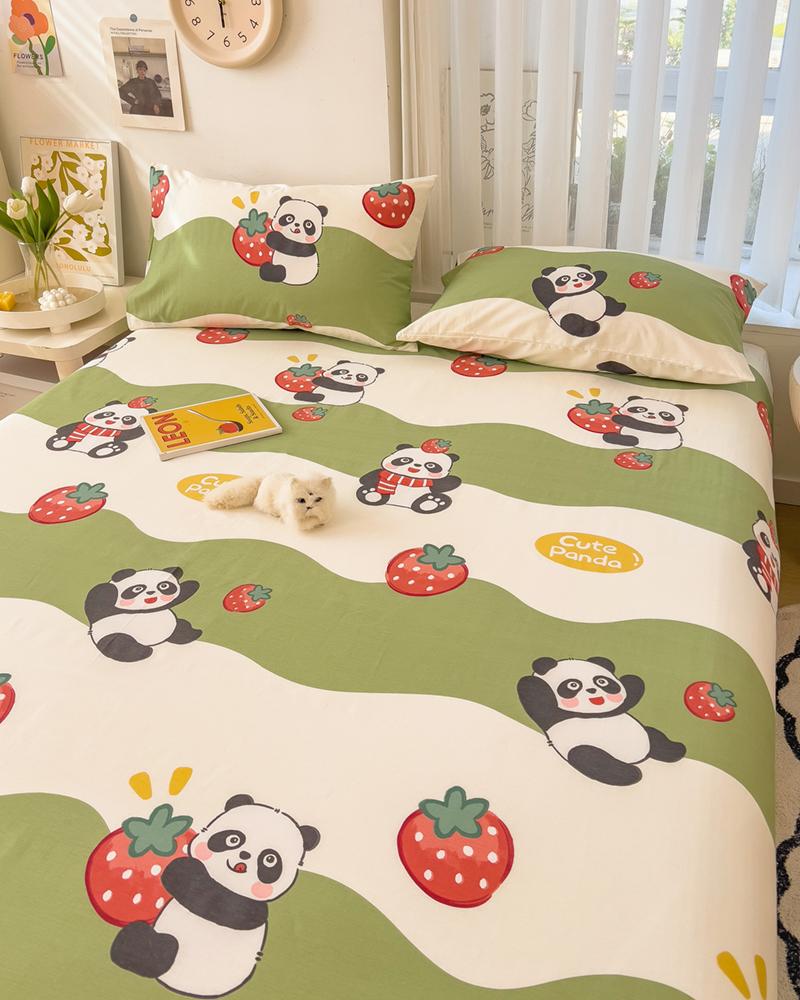 Cute Cartoon Panda Flat Sheet Kawaii Strawberry Bed Sheet Set For Girls Boys Room Decor, Cotton Twin Bed Cover With 2 Pillowcase