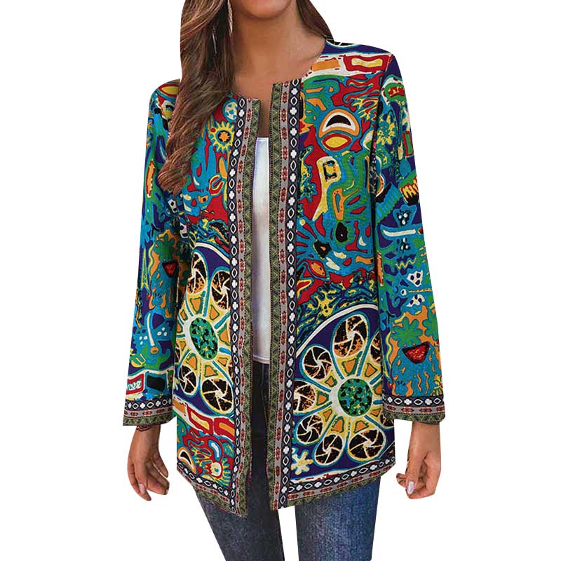 ZANZEA Ethnic Print Casual Long Sleeve Women Cardigan Thin Outwear