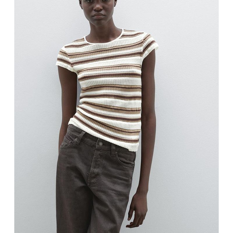 MD Spring and Summer Women's Clothing American Preppy Style Slim Fit Stripes Cotton Cut Out Round Neck Flounced Sleeve T-shirt 6241758