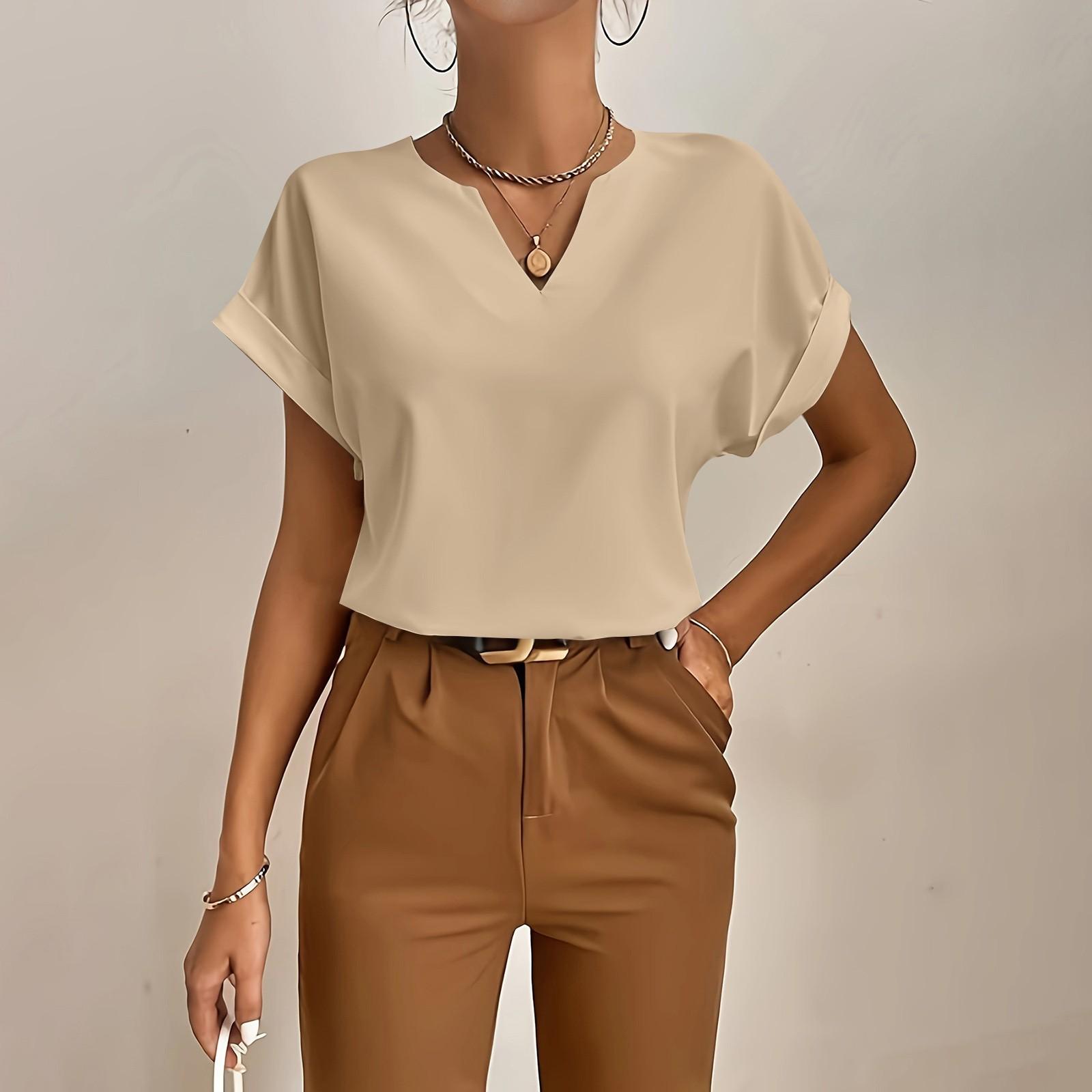 

Женская летняя повседневная однотонная блузка с короткими рукавами и v-образным вырезом, женская рубашка M хаки