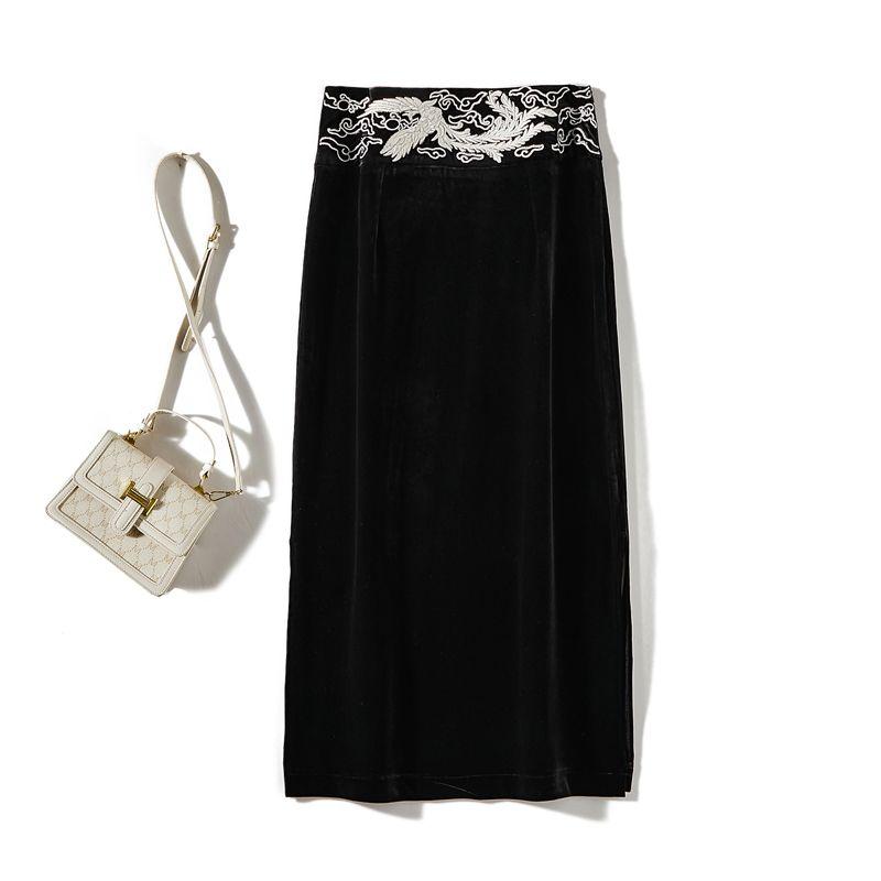 

Brand Thousand Yuan Skirt! French Style Penny-Level Phoenix Bird Embroidered A- line Gold Velvet Overknee Skirt Female Early Spring New Black 4XL