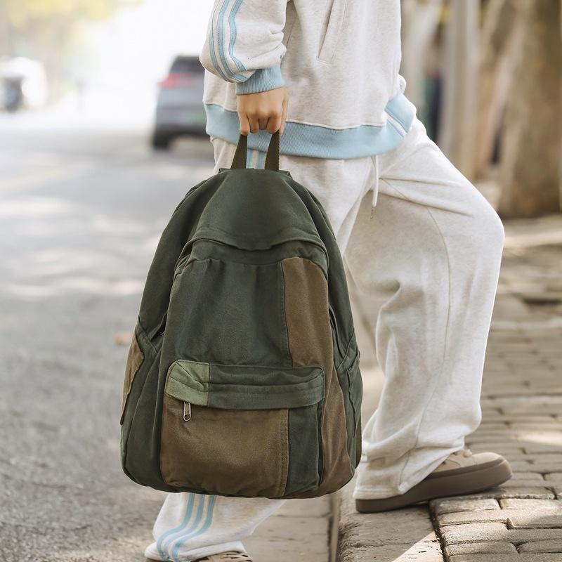 School bag women's washed canvas backpack high school college student backpack women's color matching simple Harajuku