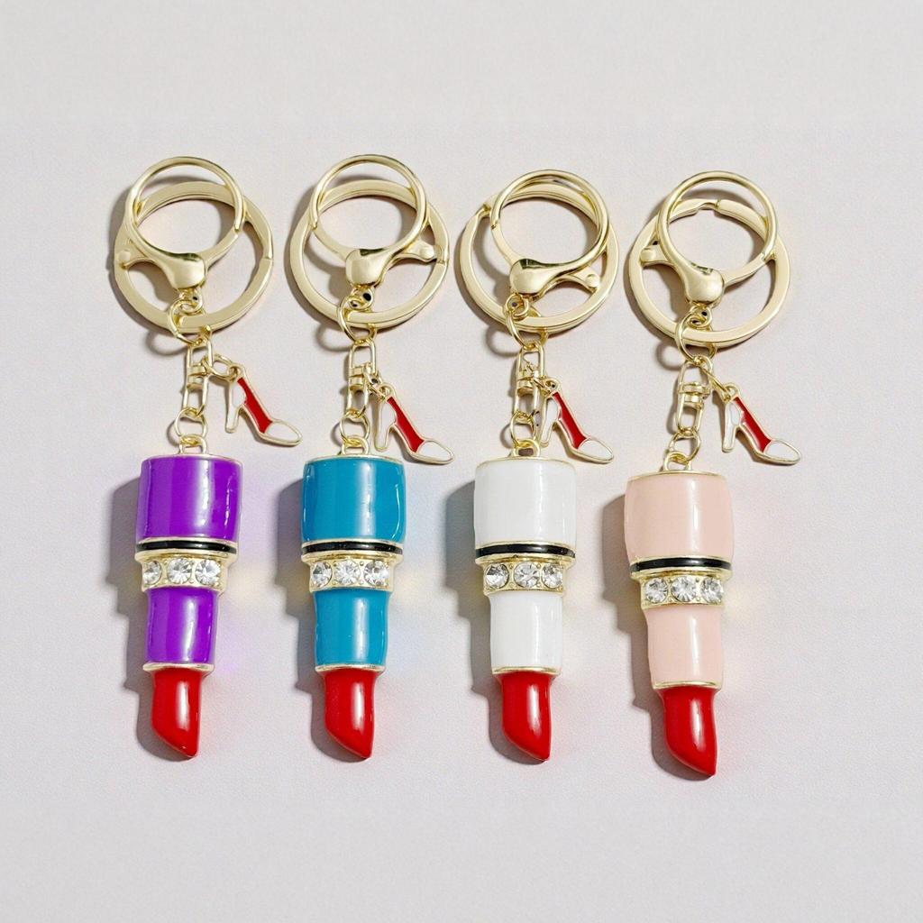 Rhinestone High Heel Lipstick Car Keychain - Women's Creative Metal Bag Pendant Gift