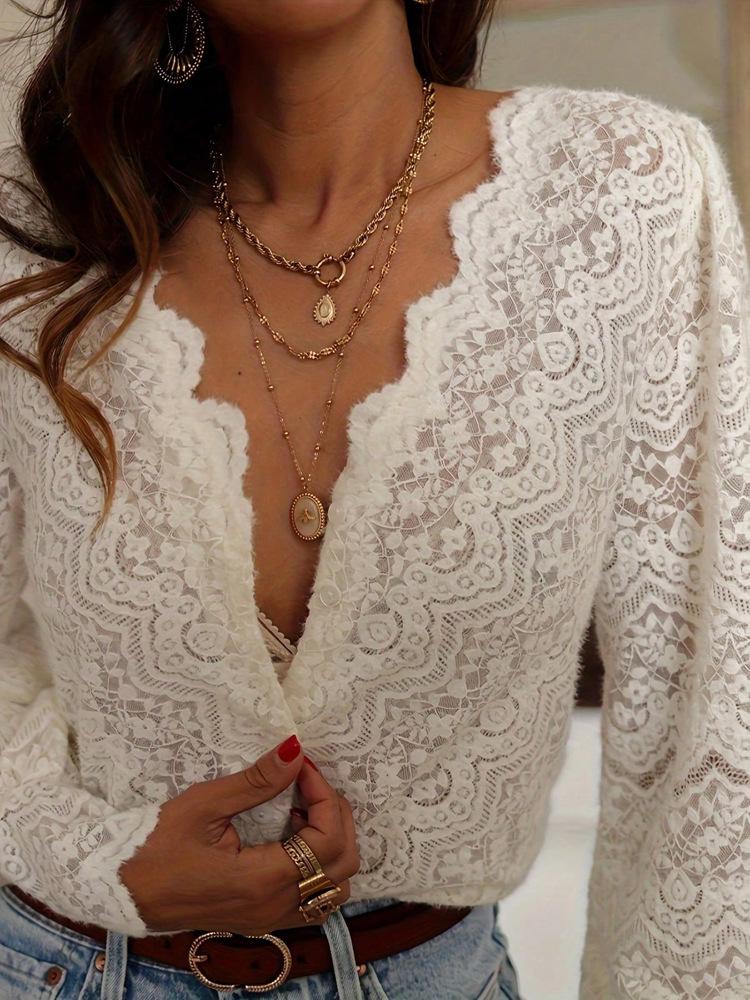 2025 Women's Casual Elegant V-Neck Lace Button Top with Sleeves