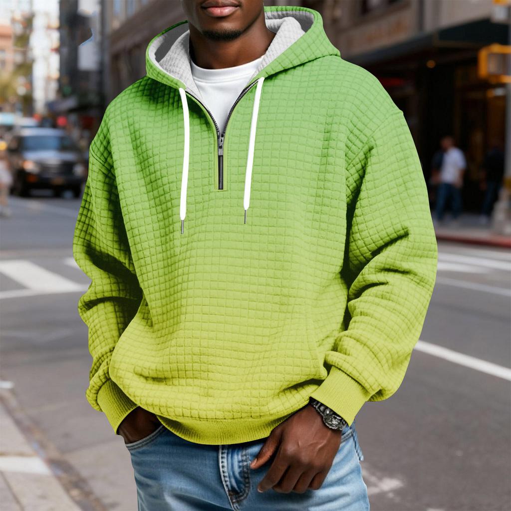 Men's Half-Zip Hooded Plaid Pullover Drawstring Print Casual Sports Sweatshirt